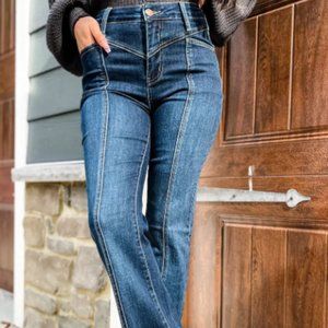 High Waist Seam Stitching Pocket Flare Jeans